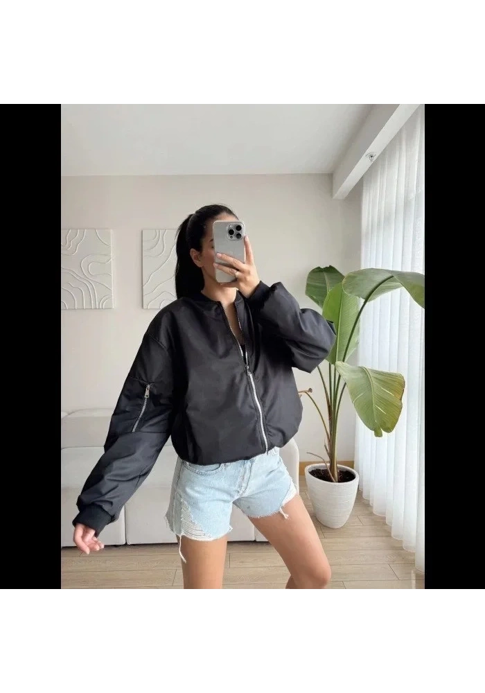 Kadın Siyah Bomber Mont Oversize Kalıp Fermuarlı Cepli  - Siyah