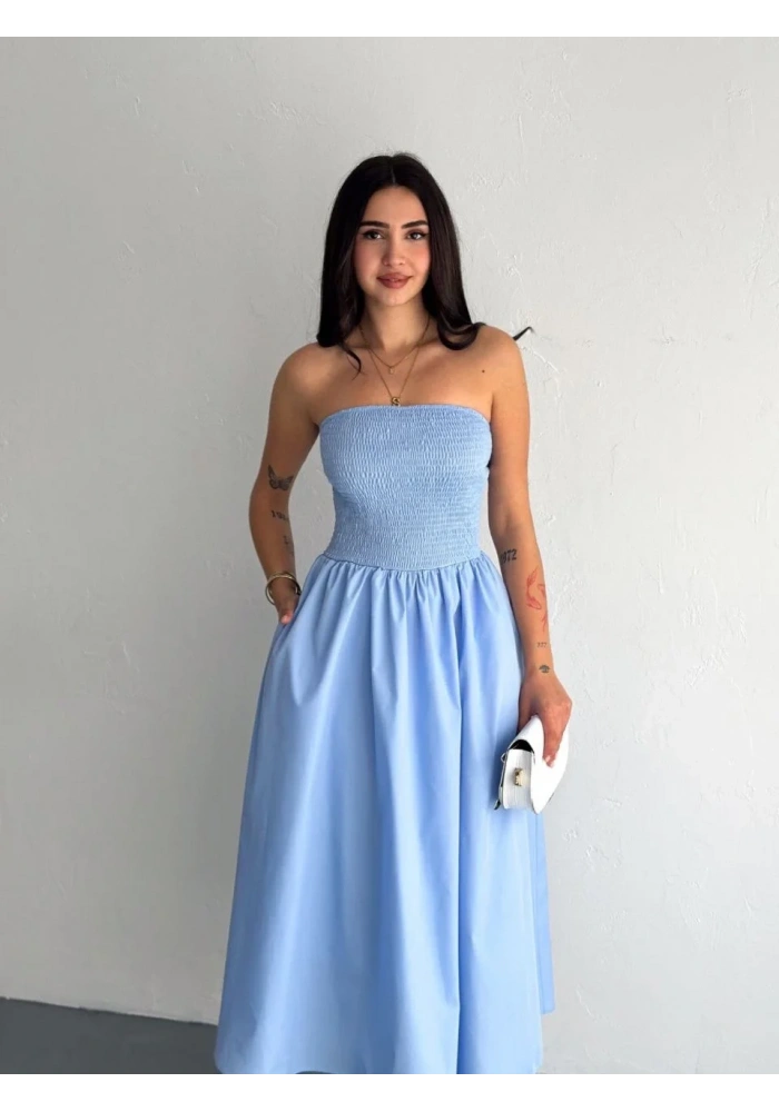 Kadın Straplez Pileli Elbise - Açık Mavi