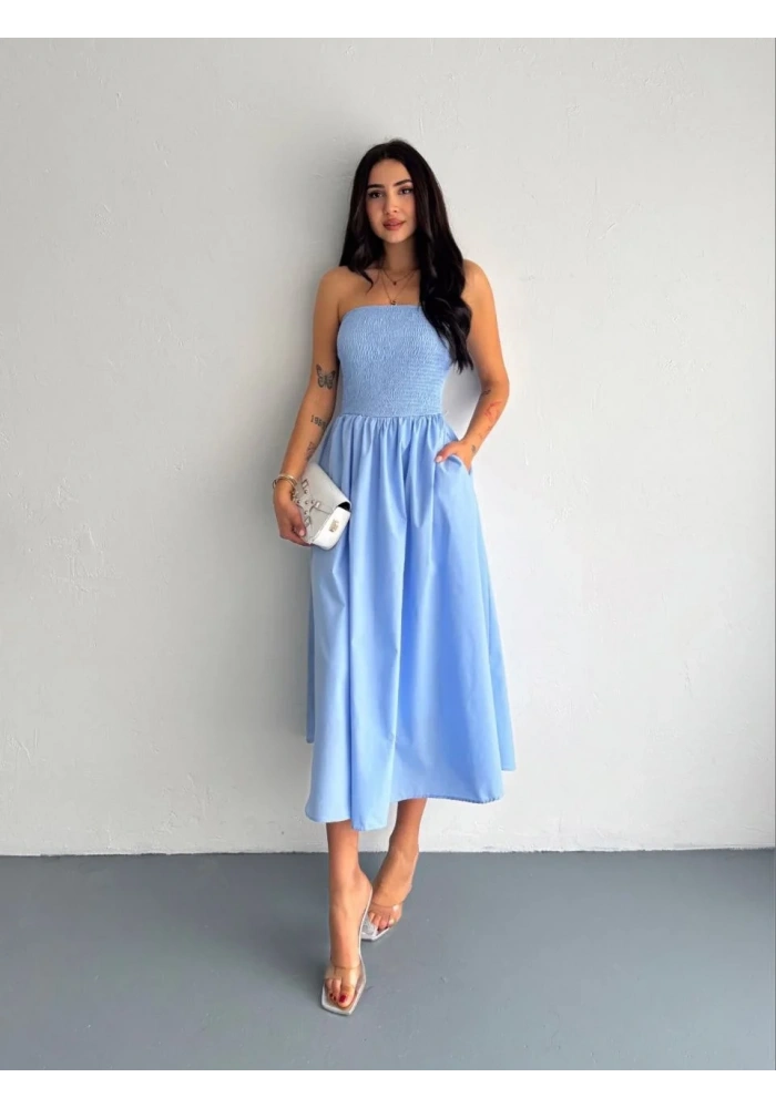 Kadın Straplez Pileli Elbise - Açık Mavi