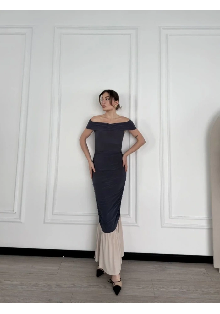 Kadın Striptiz Omuzlu Uzun Elbise- Füme