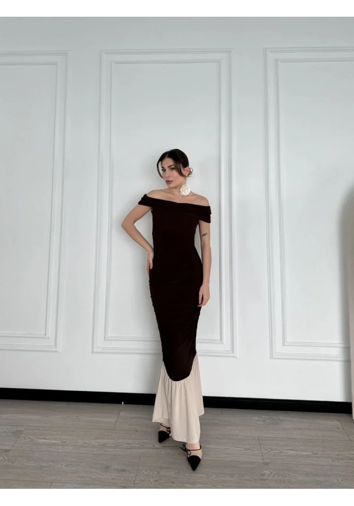 Kadın Striptiz Omuzlu Uzun Elbise - Kahve