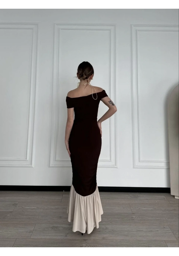 Kadın Striptiz Omuzlu Uzun Elbise - Kahve