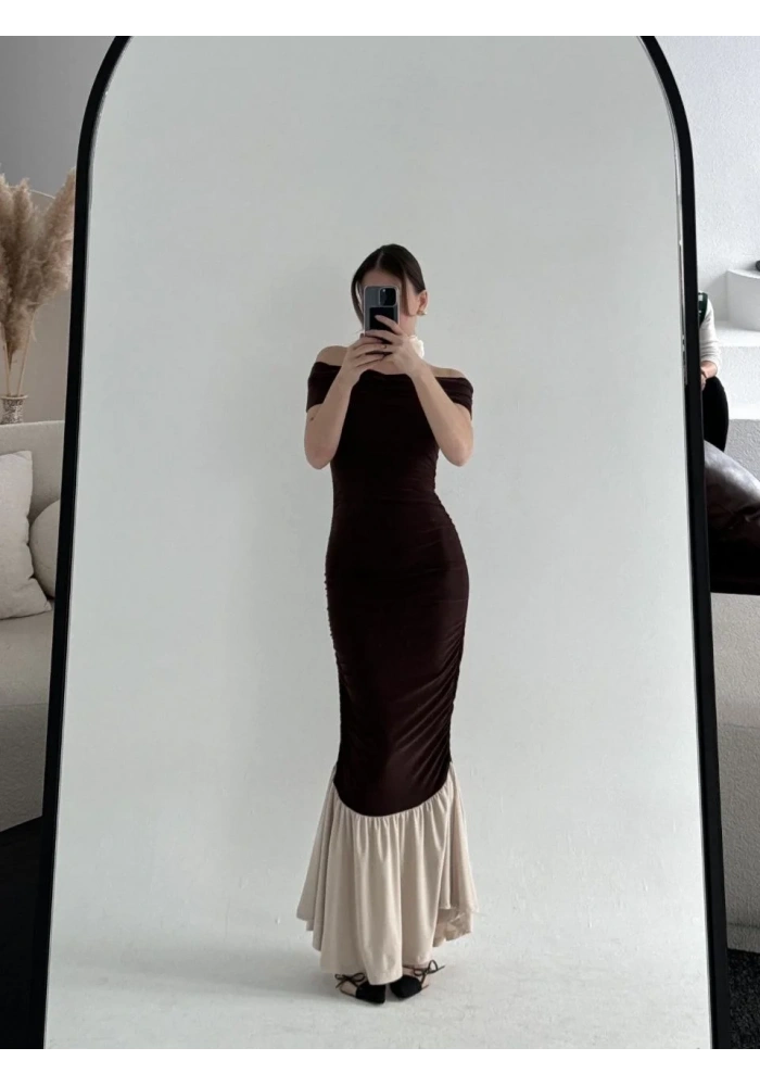 Kadın Striptiz Omuzlu Uzun Elbise - Kahve