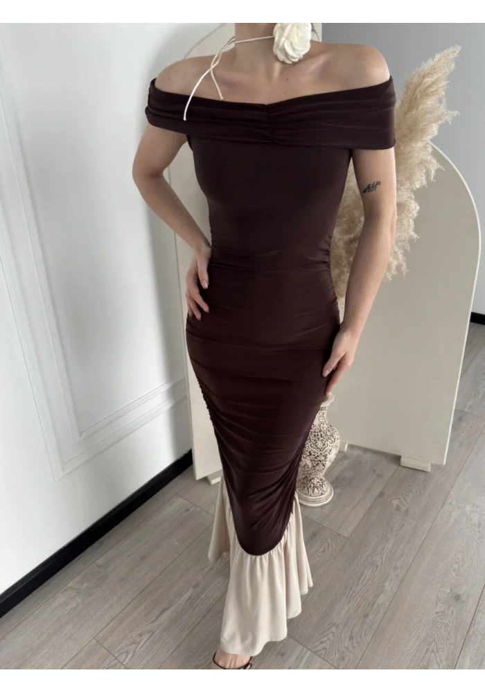 Kadın Striptiz Omuzlu Uzun Elbise - Kahve