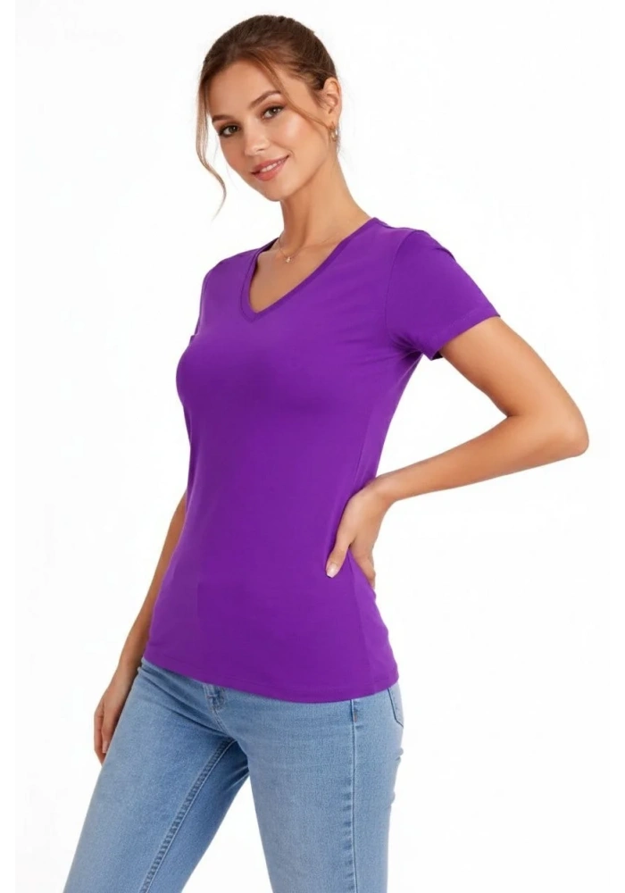 Kadın V Yaka Slim Fit Likralı Tişört - Mor