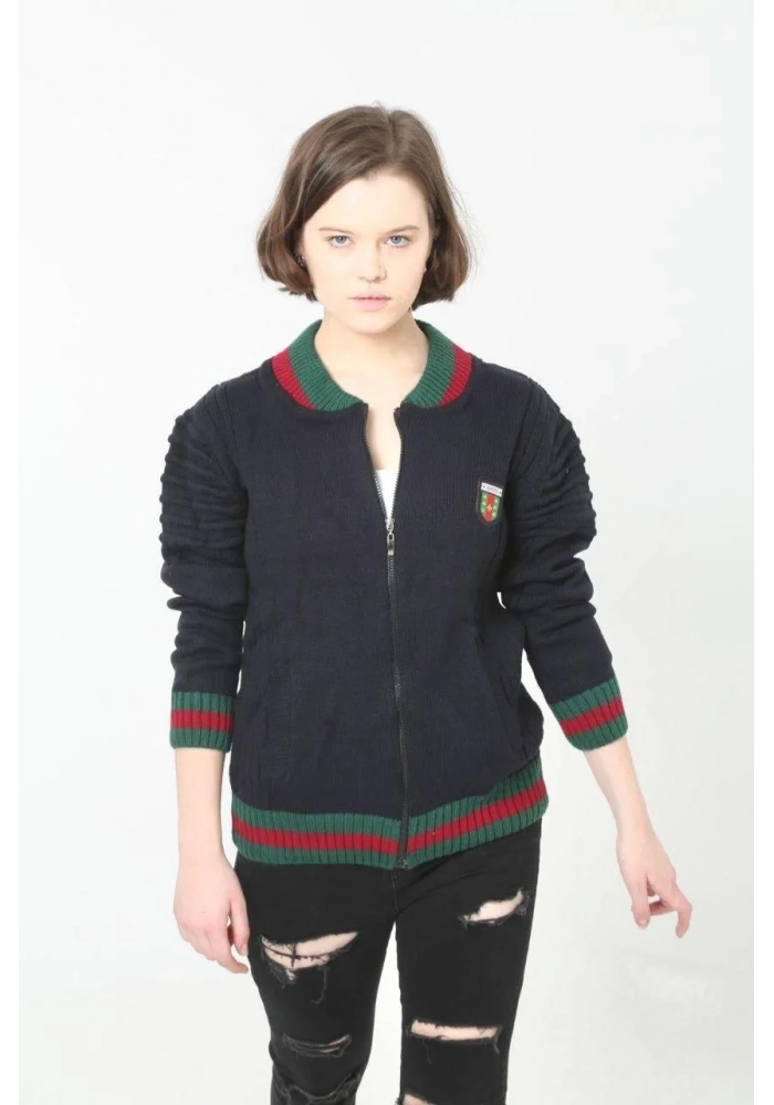 Kadın Tam Fermuarlı Triko Hırka - Lacivert