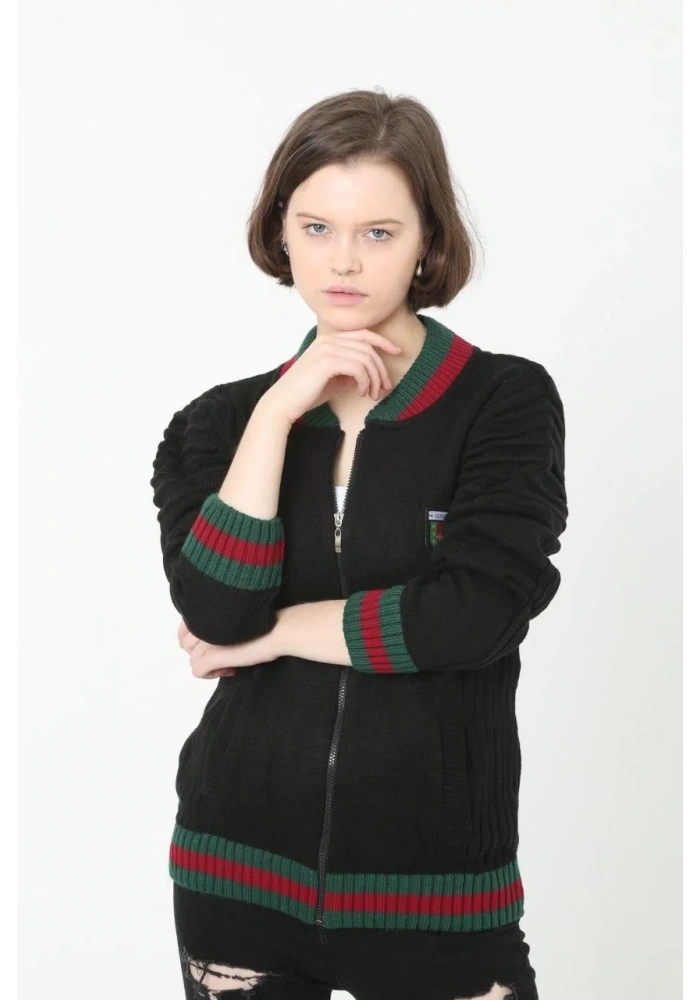 Kadın Tam Fermuarlı Triko Hırka - Siyah