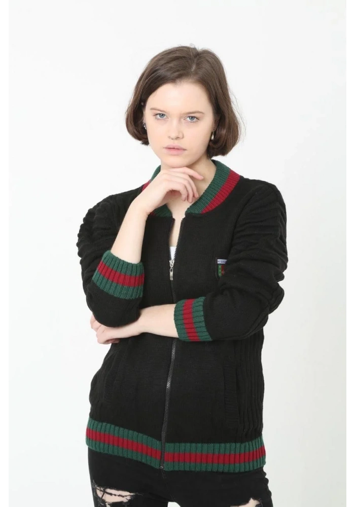 Kadın Tam Fermuarlı Triko Hırka - Siyah