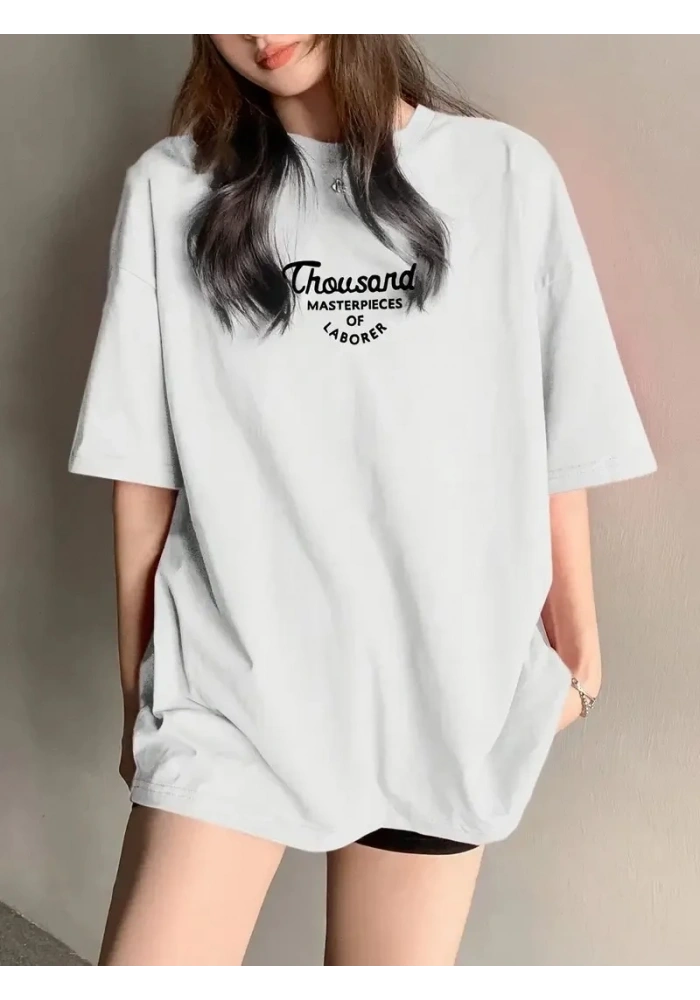 Kadın Baskılı Tişört Bisiklet yaka yazlık Kısa Kol oversize t-shirt - Beyaz