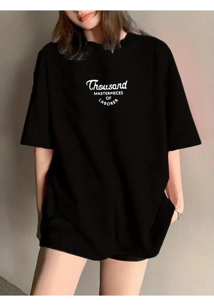 Kadın Baskılı Tişört Bisiklet yaka yazlık Kısa Kol oversize t-shirt - Siyah