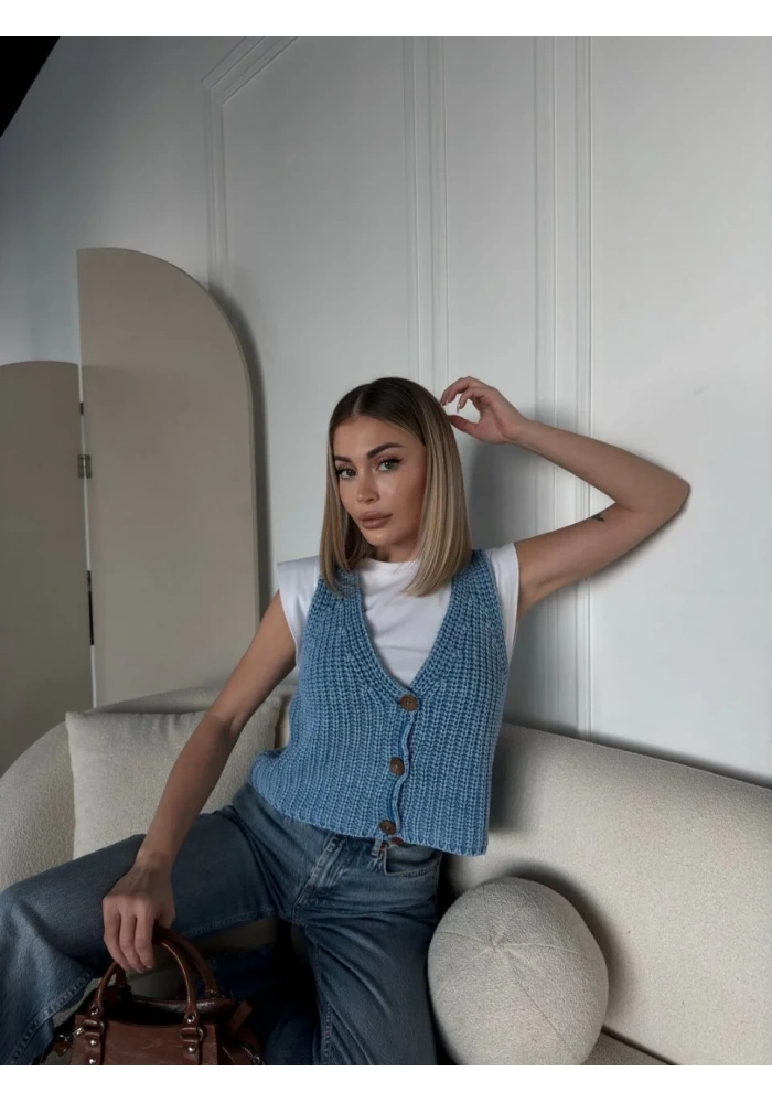 Kadın Triko Kolsuz dokuma Düğmeli Yelek - Mavi