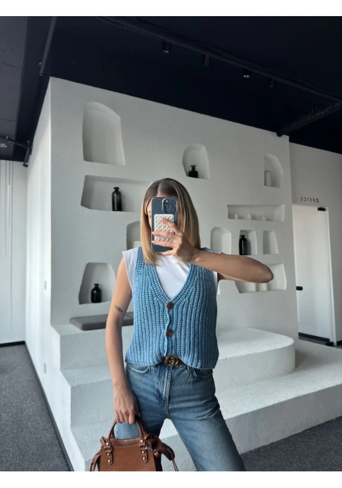 Kadın Triko Kolsuz dokuma Düğmeli Yelek - Mavi