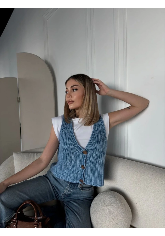 Kadın Triko Kolsuz dokuma Düğmeli Yelek - Mavi