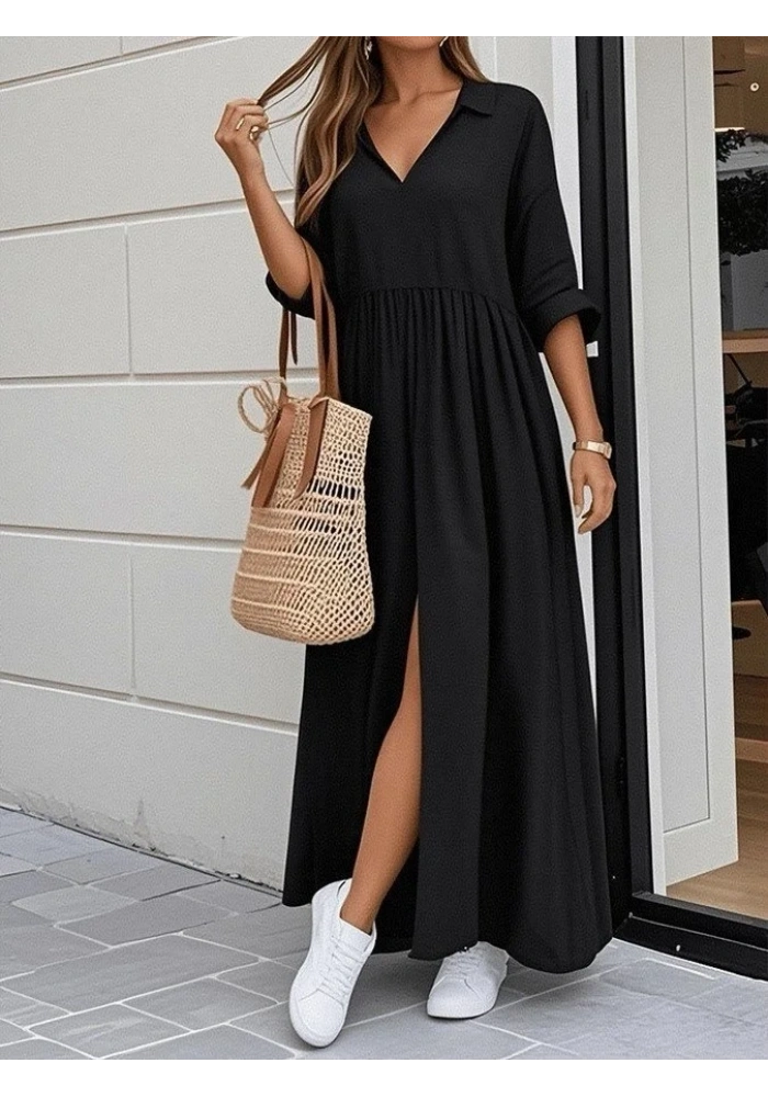 Kadın Truvakar Kollu V Yakalı Yırtmaçlı Uzun Aerobin Elbise