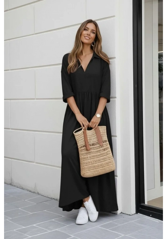 Kadın Truvakar Kollu V Yakalı Yırtmaçlı Uzun Aerobin Elbise