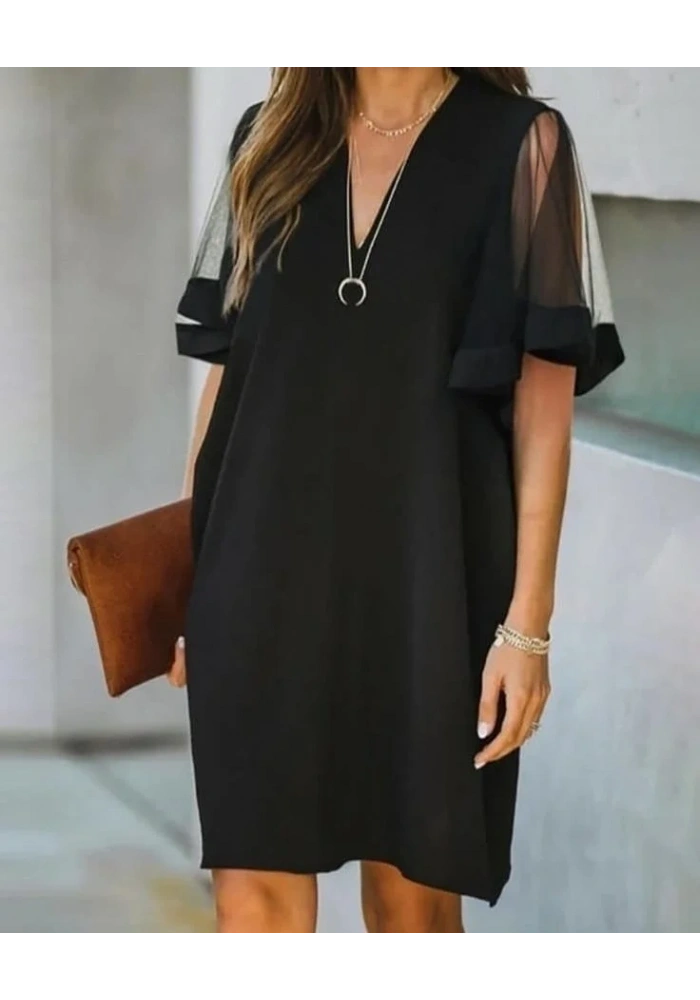 Kadın Tüllü Kısa Kollu V Yaka Krep Elbise