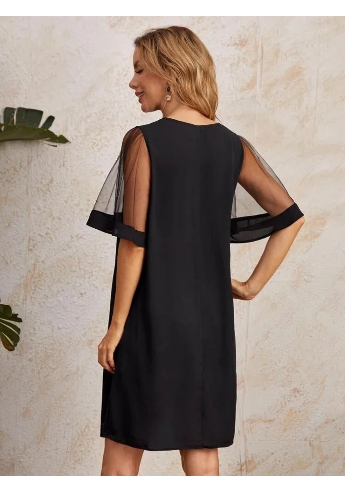 Kadın Tüllü Kısa Kollu V Yaka Krep Elbise