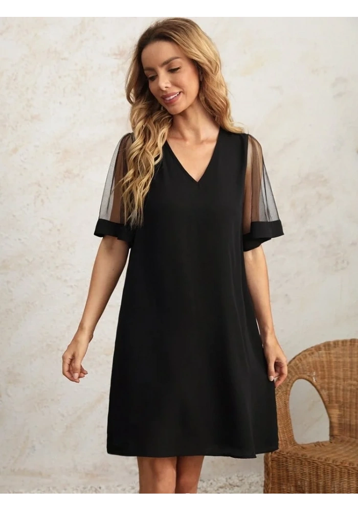 Kadın Tüllü Kısa Kollu V Yaka Krep Elbise