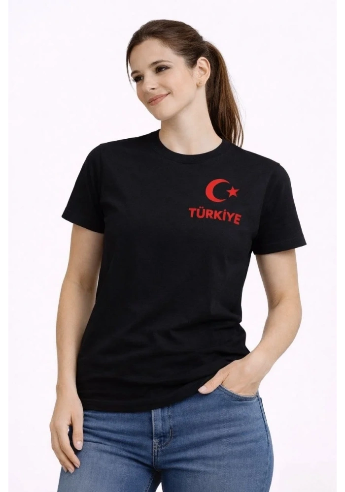 Kadın TÜRKİYE Ay Yıldız Baskılı Taraftar Forma T-Shirt - Siyah