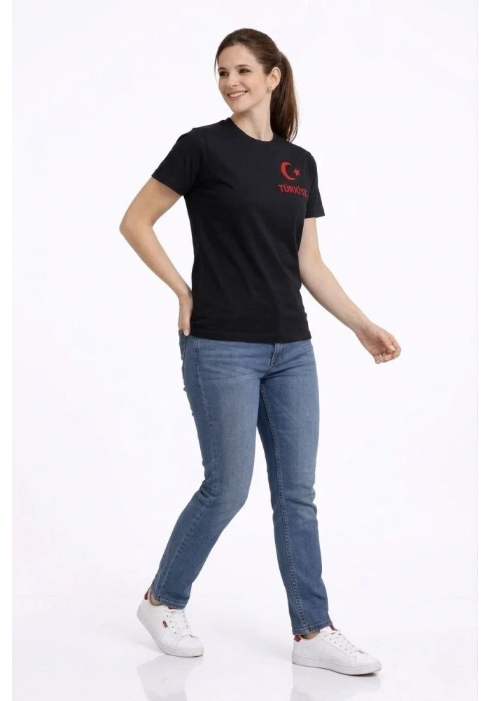 Kadın TÜRKİYE Ay Yıldız Baskılı Taraftar Forma T-Shirt - Siyah