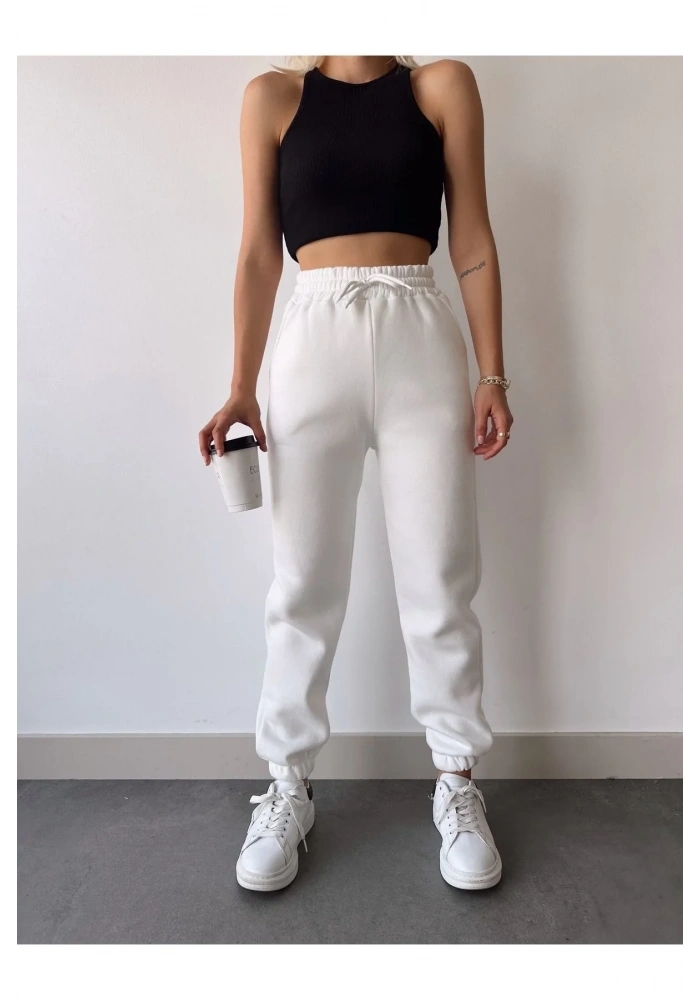 Kadın 3 iplik Pamuklu Paça Lastikli Eşofman Pantolon - Beyaz