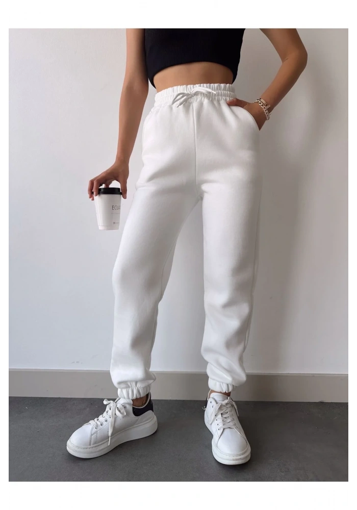 Kadın 3 iplik Pamuklu Paça Lastikli Eşofman Pantolon - Beyaz