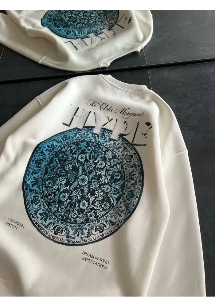 Kadın Üç İplik Bisiklet Yaka Baskılı SweatShirt - Beyaz