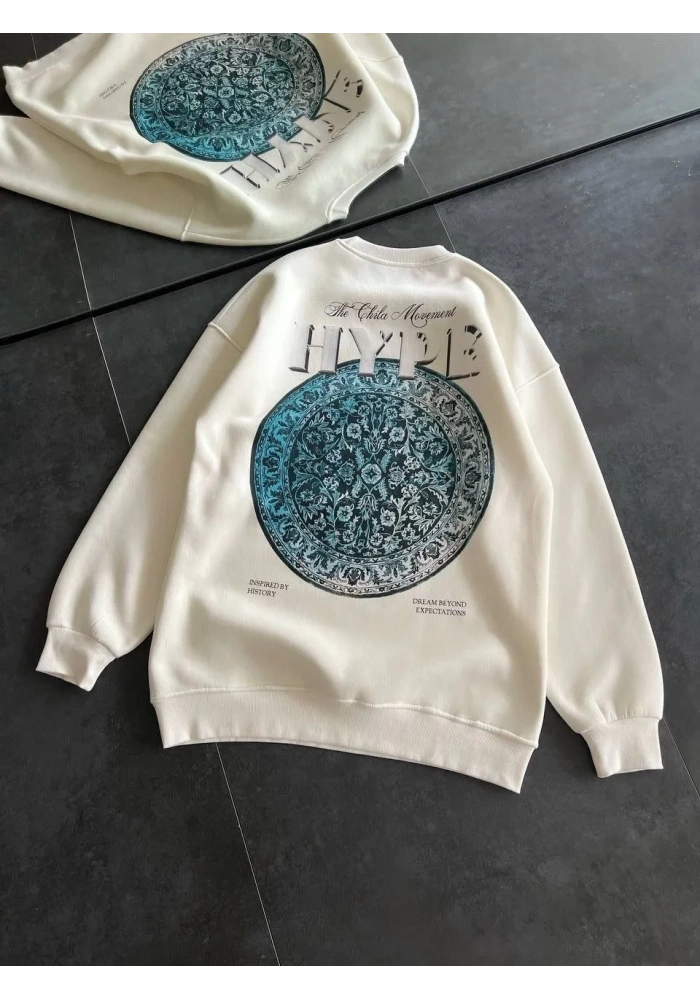 Kadın 3 İplik Pamuklu Bisiklet Yaka Baskılı SweatShirt - Beyaz