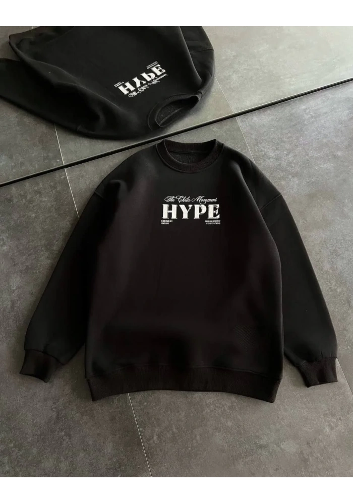 Kadın Üç İplik Bisiklet Yaka Baskılı SweatShirt - Siyah