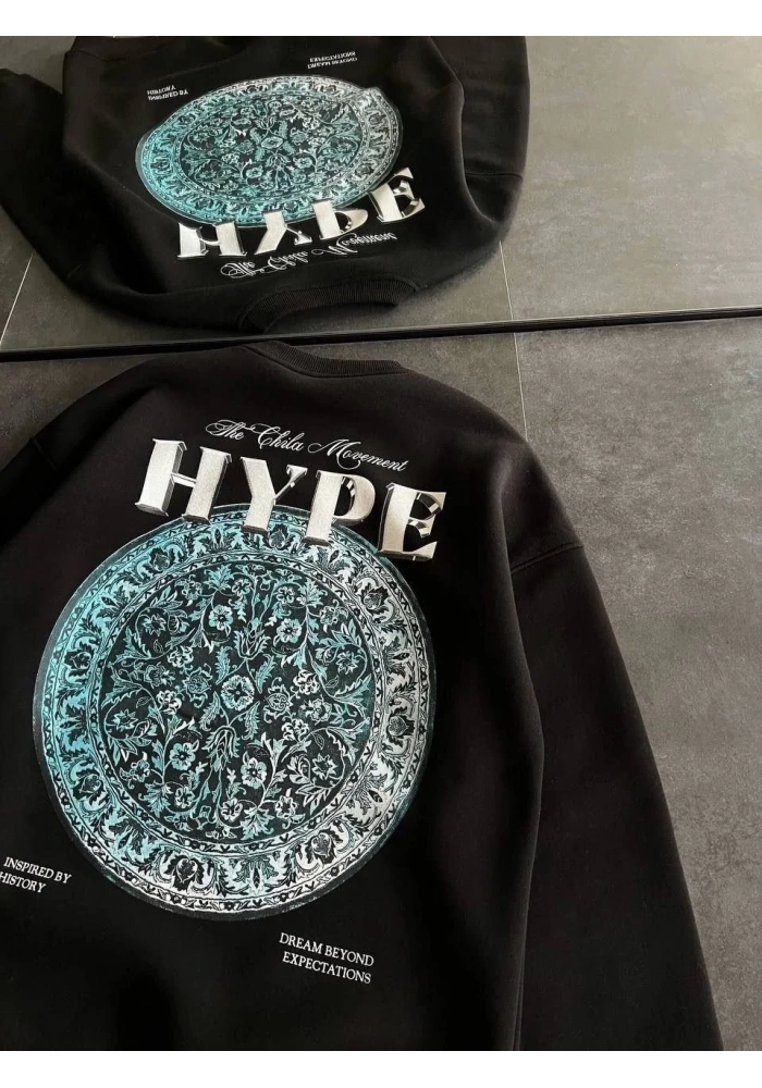 Kadın 3 İplik Pamuklu Bisiklet Yaka Baskılı SweatShirt - Siyah