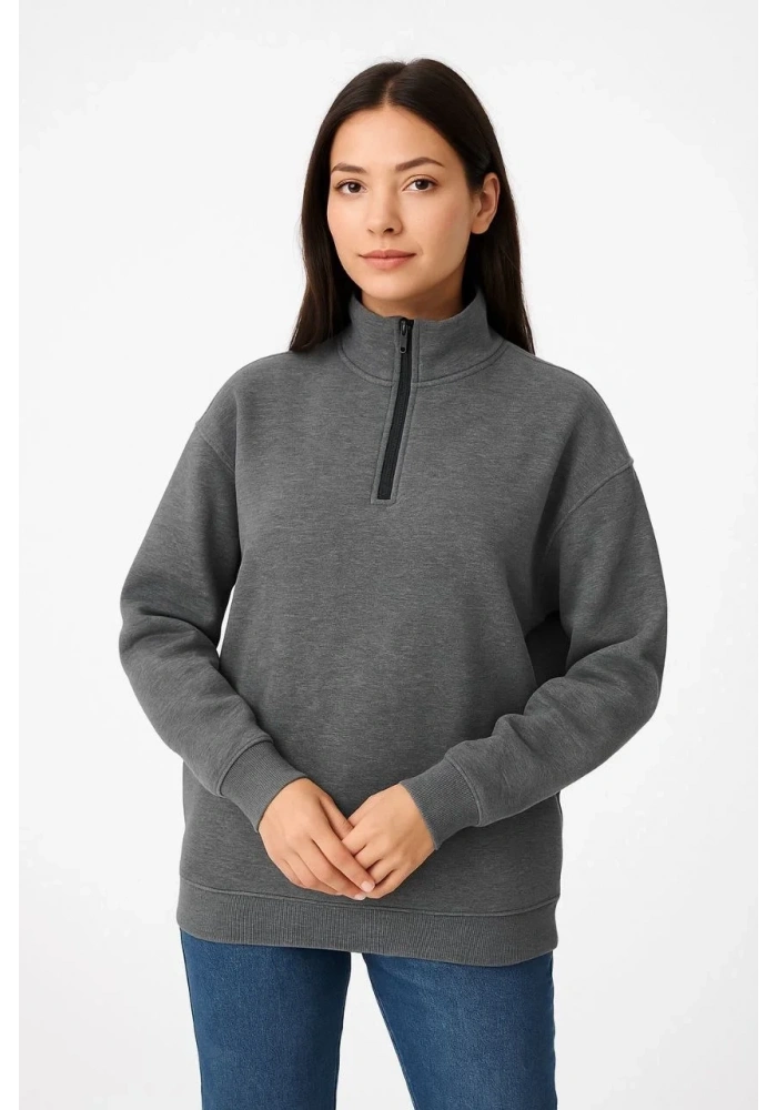 Kadın 3 İplik Pamuklu Dık Yaka Yarım Fermuarlı SweatShirt - Antrasit