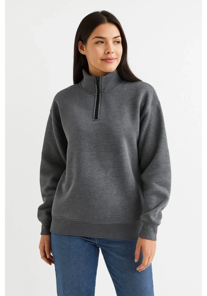 Kadın 3 İplik Pamuklu Dık Yaka Yarım Fermuarlı SweatShirt - Antrasit