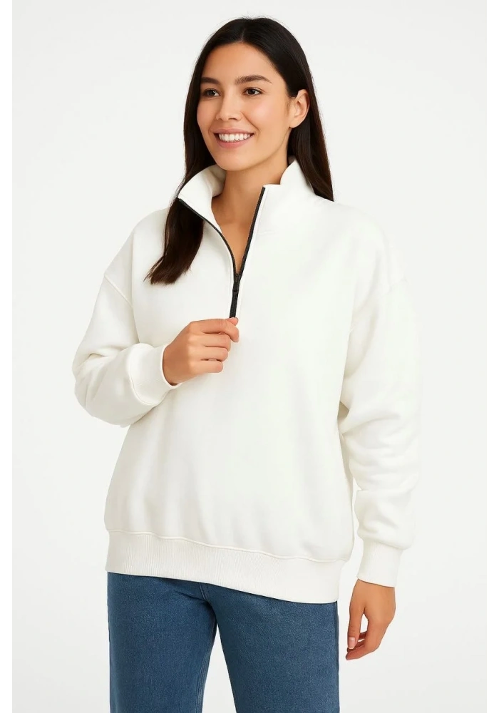 Kadın 3 İplik Pamuklu Dık Yaka Yarım Fermuarlı SweatShirt - Beyaz