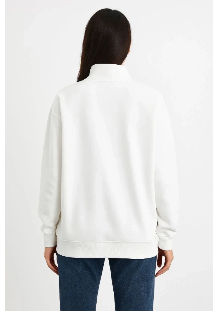 Kadın 3 İplik Pamuklu Dık Yaka Yarım Fermuarlı SweatShirt - Beyaz