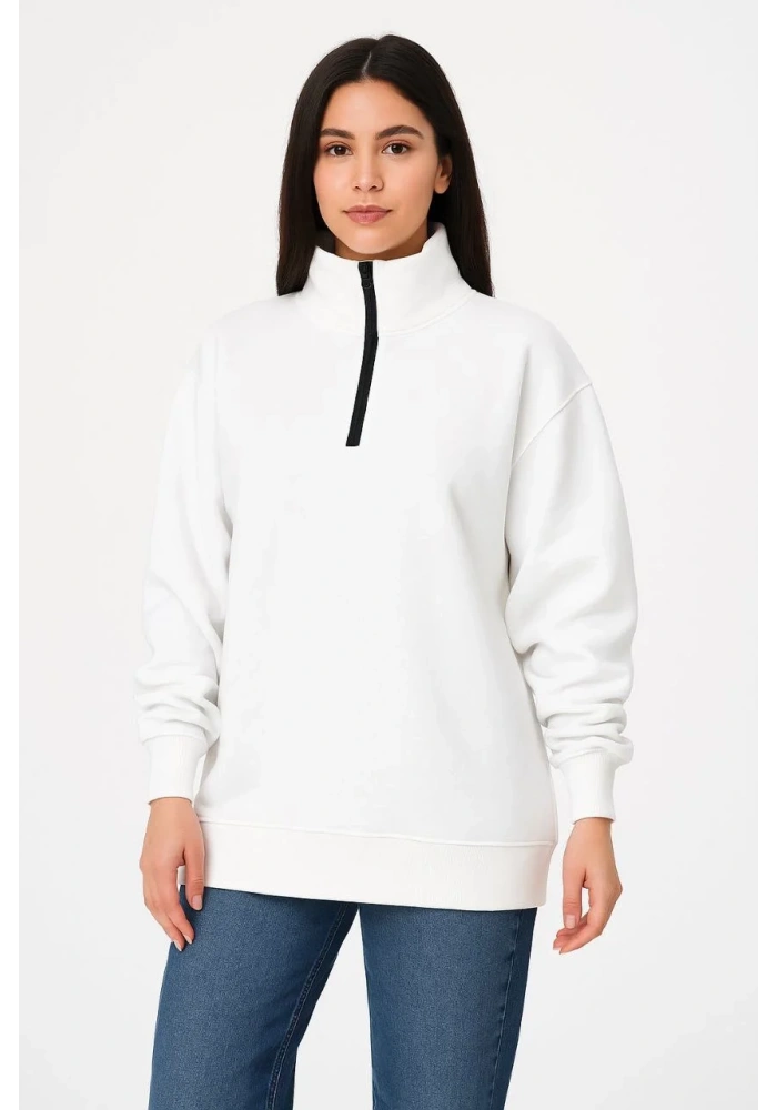 Kadın Üç İplik Dık Yaka Yarım Fermuarlı SweatShirt - Beyaz