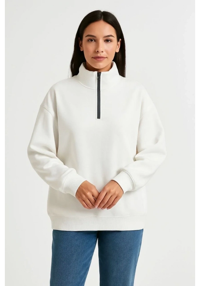 Kadın 3 İplik Pamuklu Dık Yaka Yarım Fermuarlı SweatShirt - Beyaz