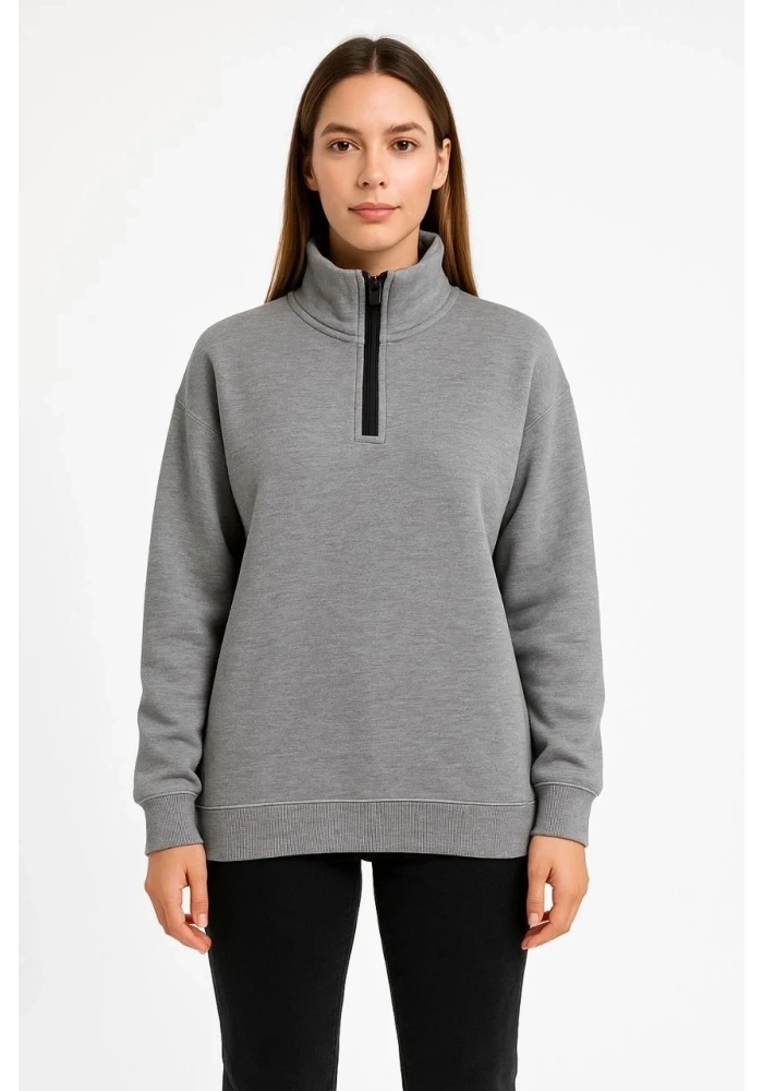 Kadın 3 İplik Pamuklu Dık Yaka Yarım Fermuarlı SweatShirt - Gri