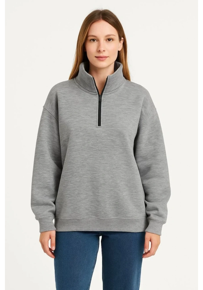 Kadın 3 İplik Pamuklu Dık Yaka Yarım Fermuarlı SweatShirt - Gri