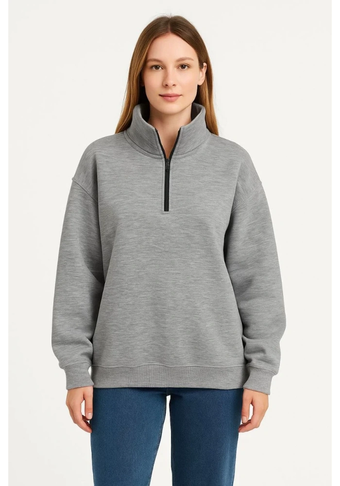 Kadın Üç İplik Dık Yaka Yarım Fermuarlı SweatShirt - Gri