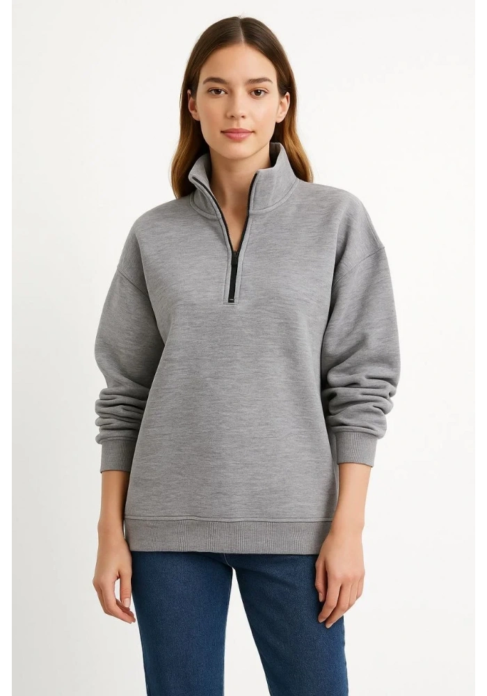 Kadın 3 İplik Pamuklu Dık Yaka Yarım Fermuarlı SweatShirt - Gri