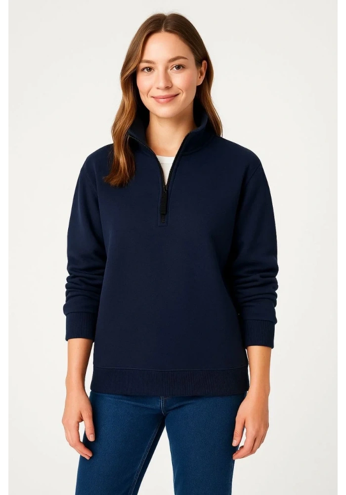 Kadın 3 İplik Pamuklu Dık Yaka Yarım Fermuarlı SweatShirt - Lacivert