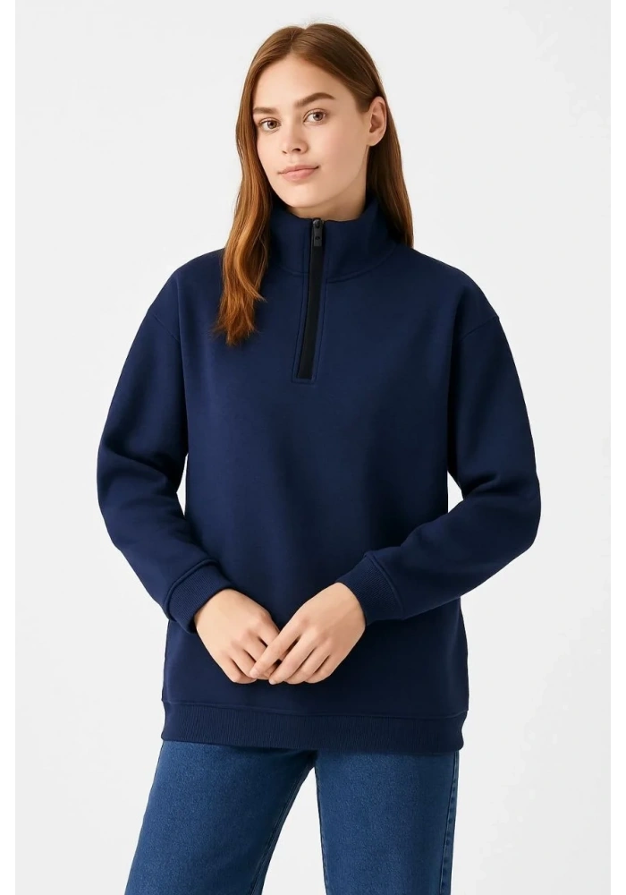 Kadın Üç İplik Dık Yaka Yarım Fermuarlı SweatShirt - Lacivert