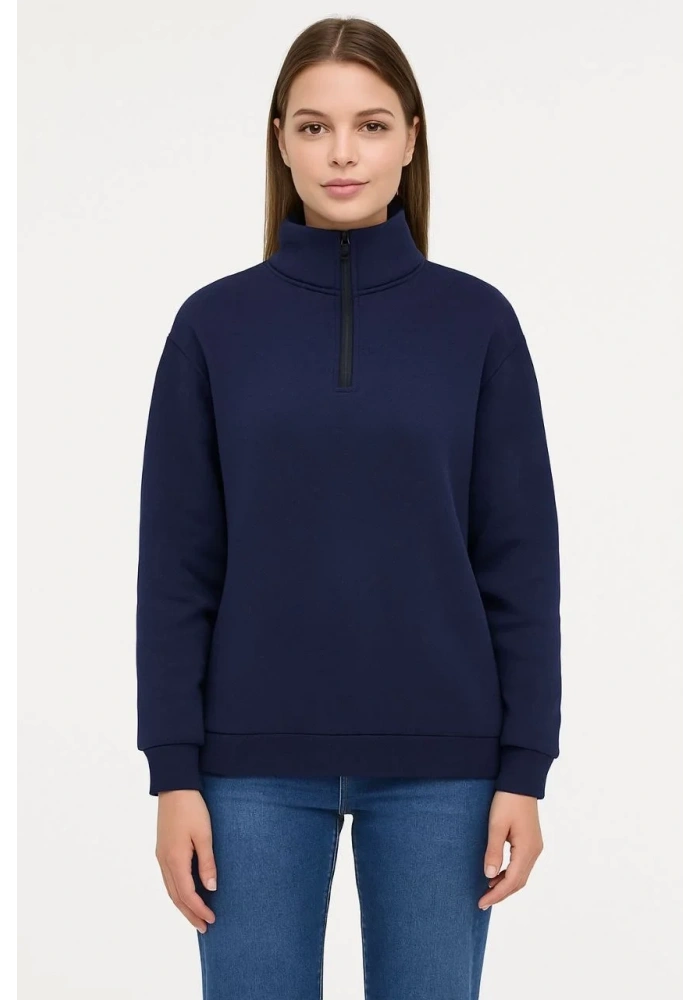Kadın 3 İplik Pamuklu Dık Yaka Yarım Fermuarlı SweatShirt - Lacivert