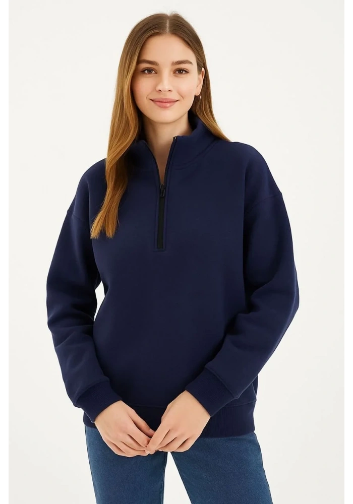 Kadın 3 İplik Pamuklu Dık Yaka Yarım Fermuarlı SweatShirt - Lacivert