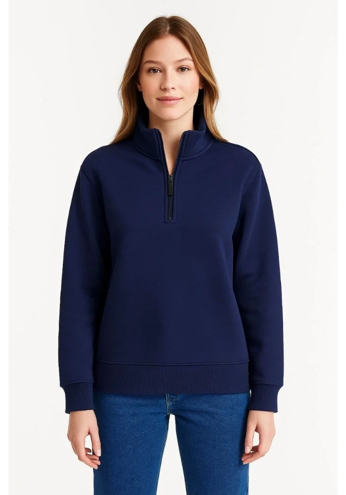 Kadın 3 İplik Pamuklu Dık Yaka Yarım Fermuarlı SweatShirt - Lacivert