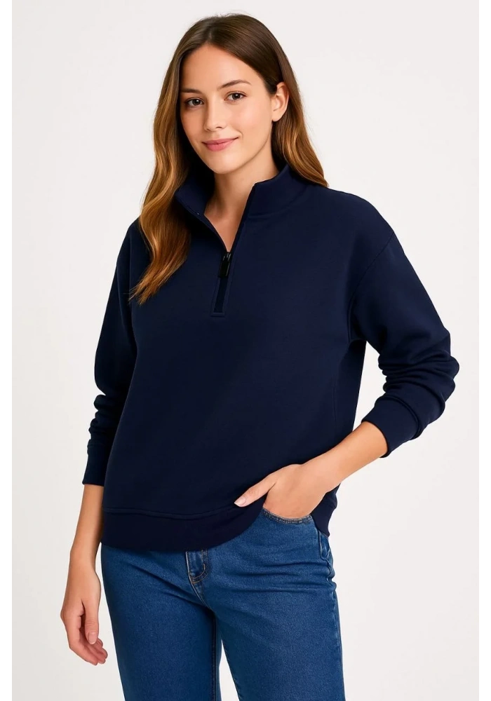 Kadın 3 İplik Pamuklu Dık Yaka Yarım Fermuarlı SweatShirt - Lacivert