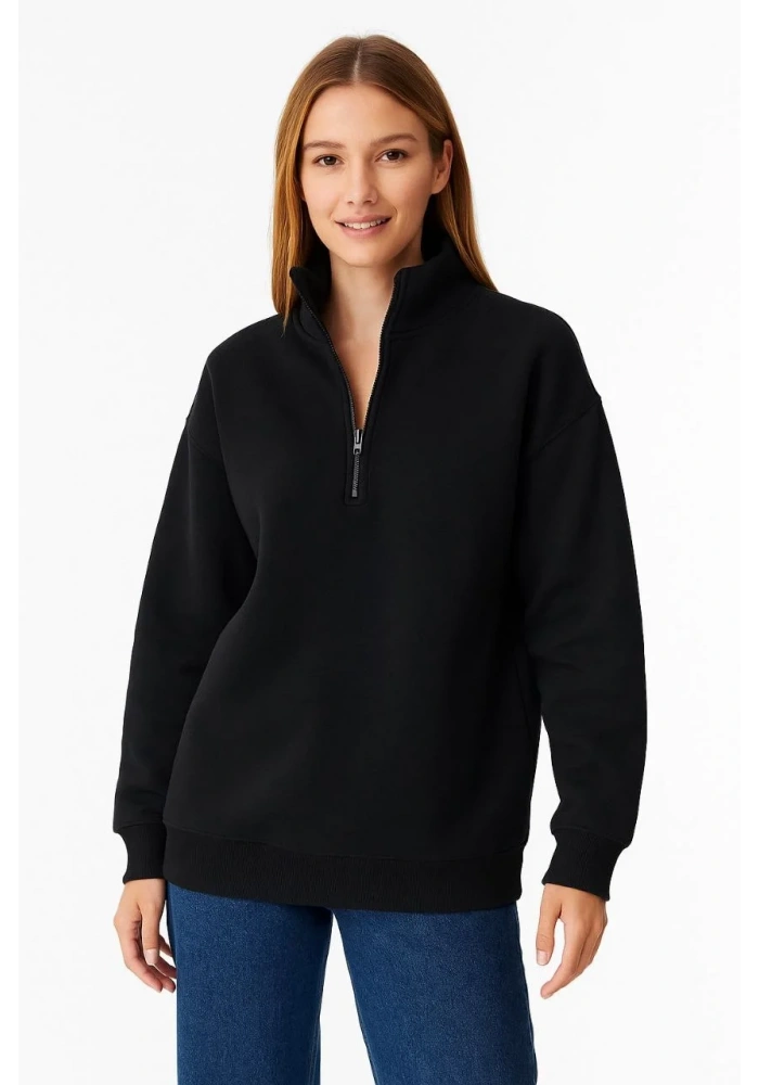 Kadın Üç İplik Dık Yaka Yarım Fermuarlı SweatShirt - Siyah