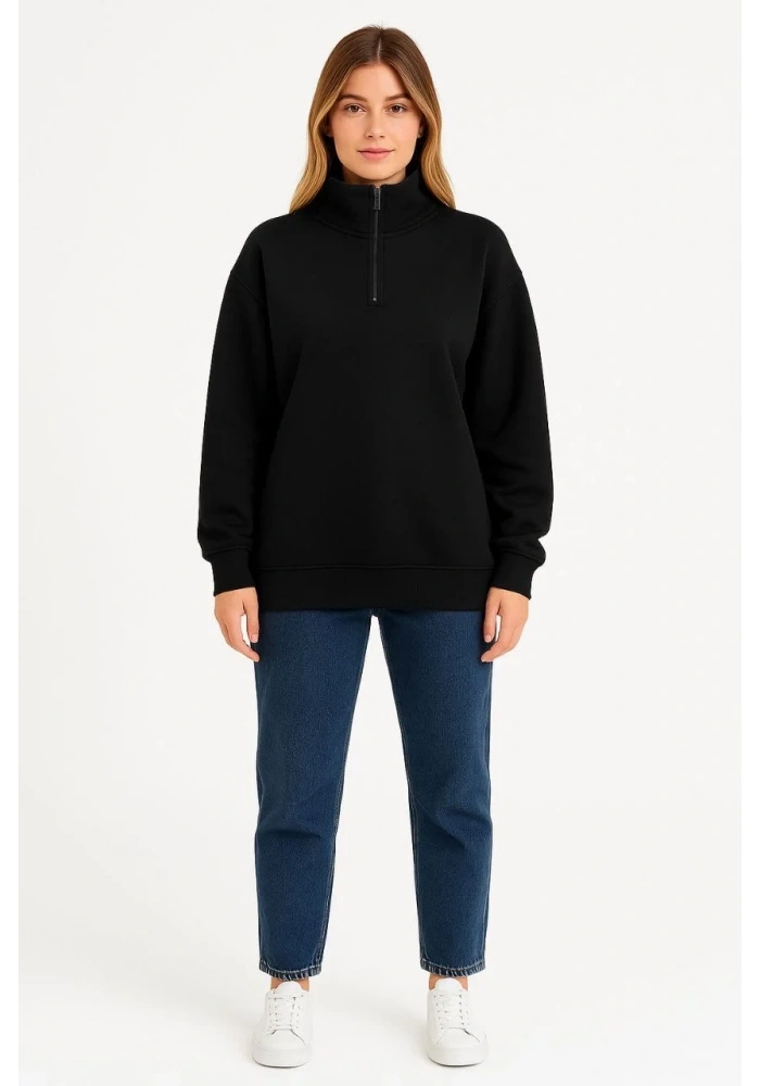 Kadın 3 İplik Pamuklu Dık Yaka Yarım Fermuarlı SweatShirt - Siyah
