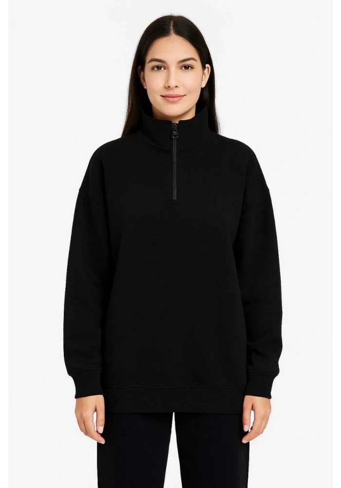 Kadın Üç İplik Dık Yaka Yarım Fermuarlı SweatShirt - Siyah