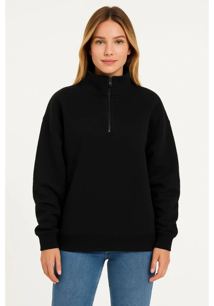 Kadın Üç İplik Dık Yaka Yarım Fermuarlı SweatShirt - Siyah